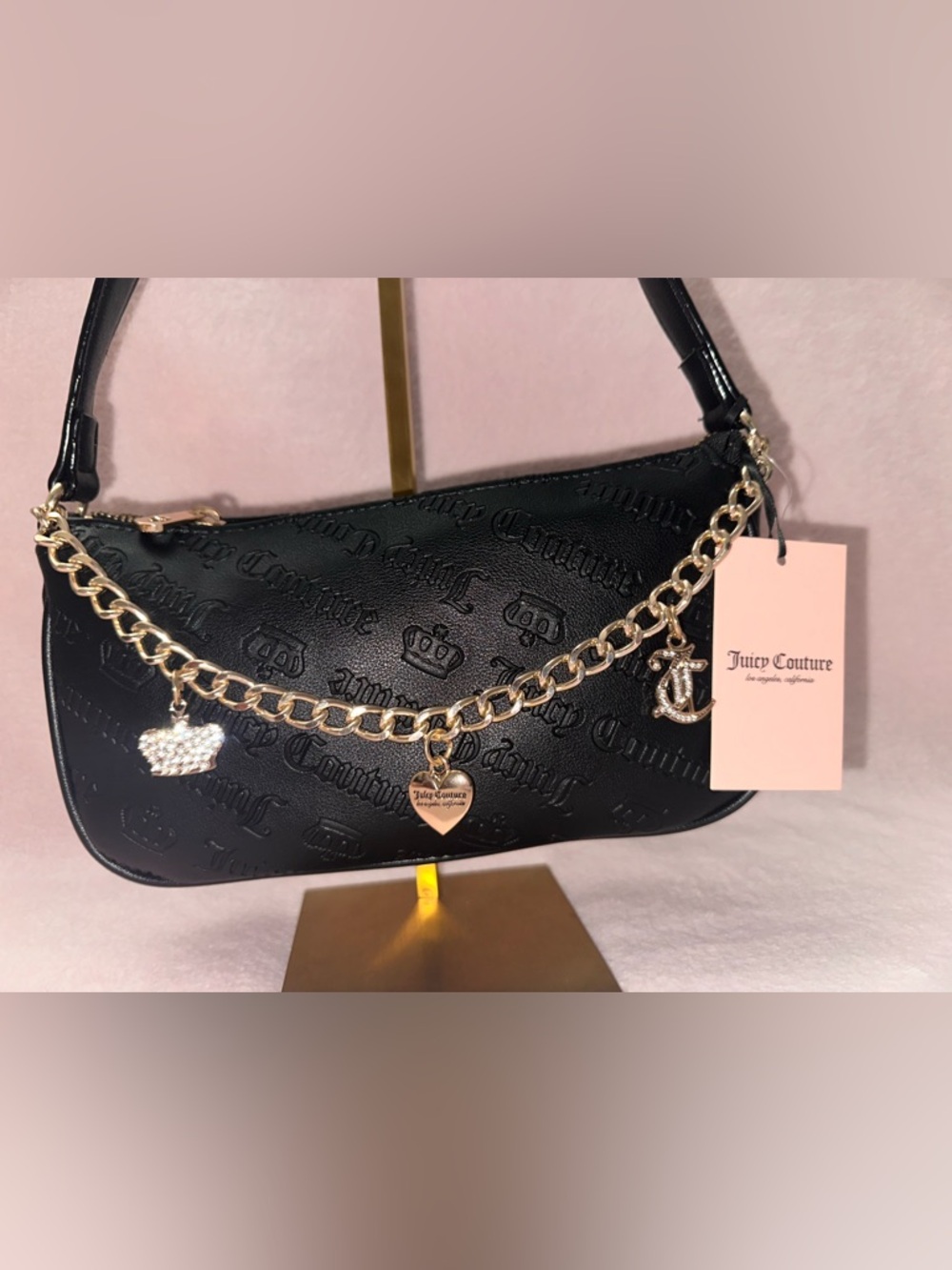 Juicy Couture Black Embossed Shoulder Bag with Gold Chain Charm